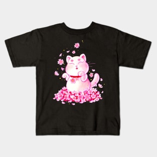 Maneki-neko with sakura blossoms Kids T-Shirt